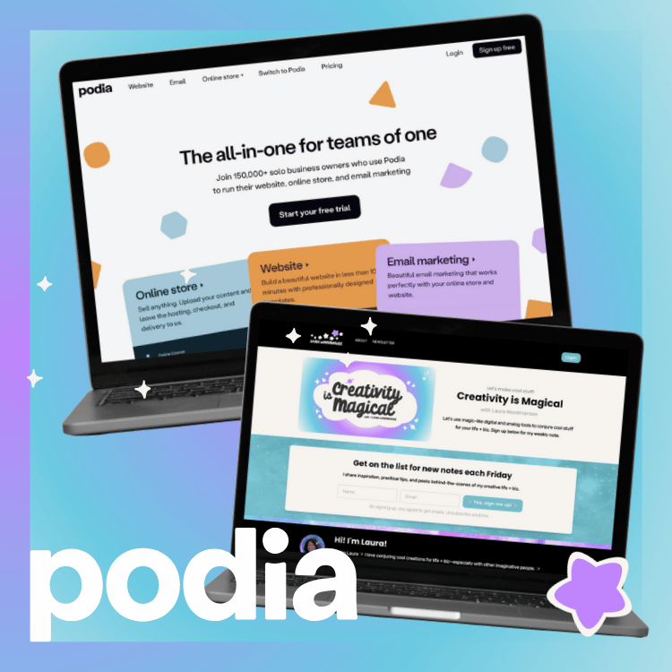 Podia + my website images on laptop screens